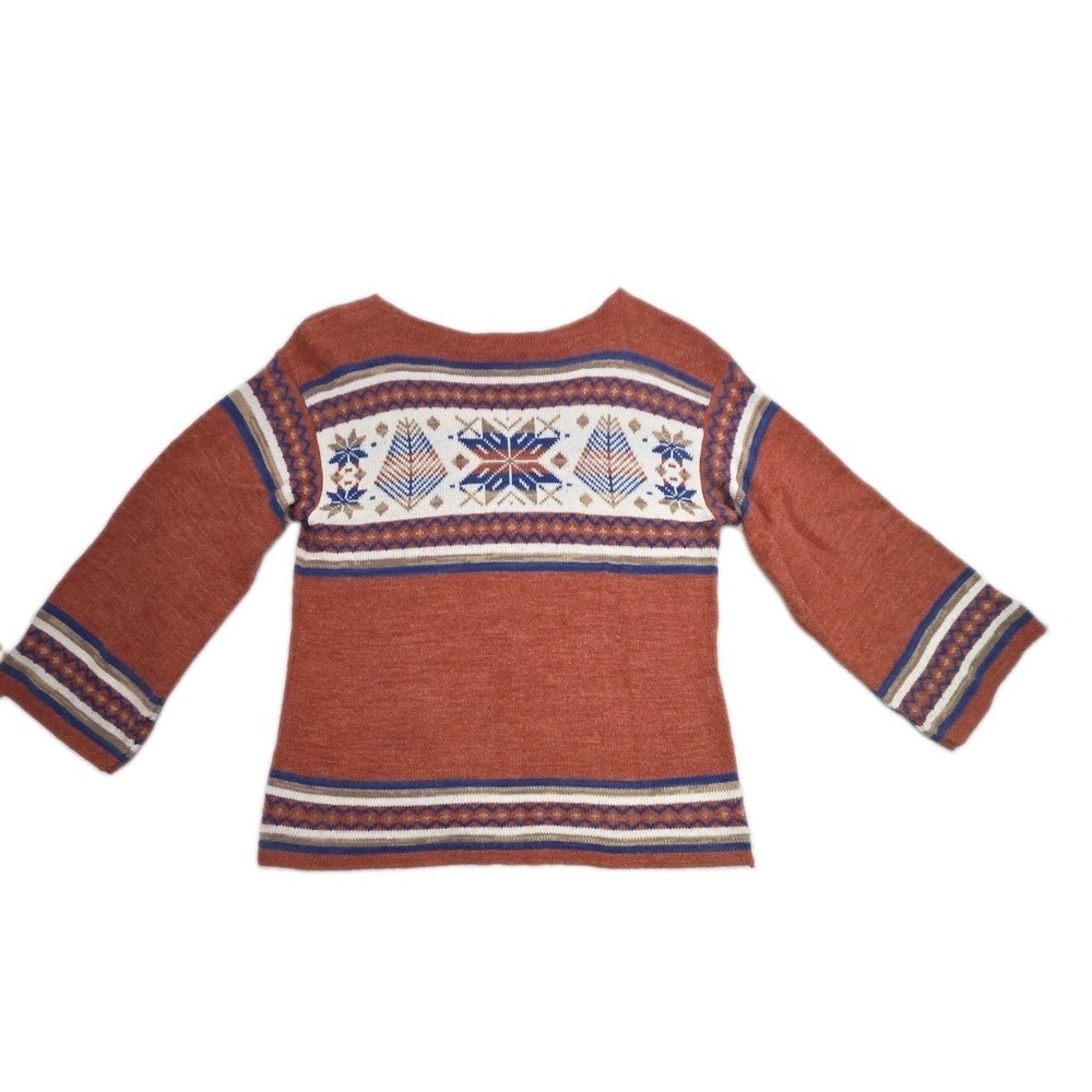 Vtg 1970s Fair Isle Snowflake Knit Sweater Rust Blue Wide Sleeve Size M ?
